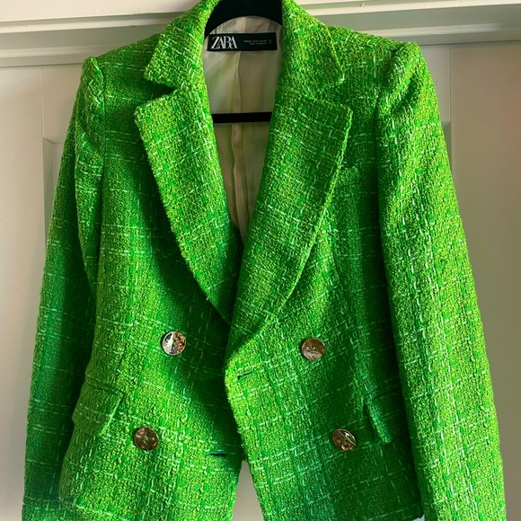 Zara Jackets & Blazers - Zara Double Breasted Tweed Blazer, Green, XS